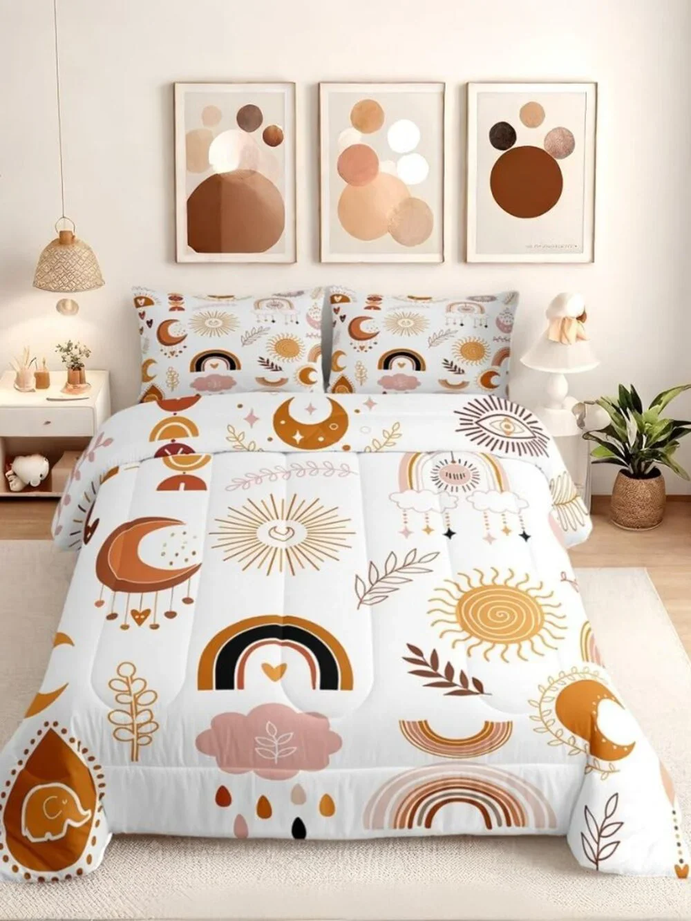 Boho Rainbow Bedding Set For Girls Twin,Cute Bohemian Eyes Moon Sun Comforter Se